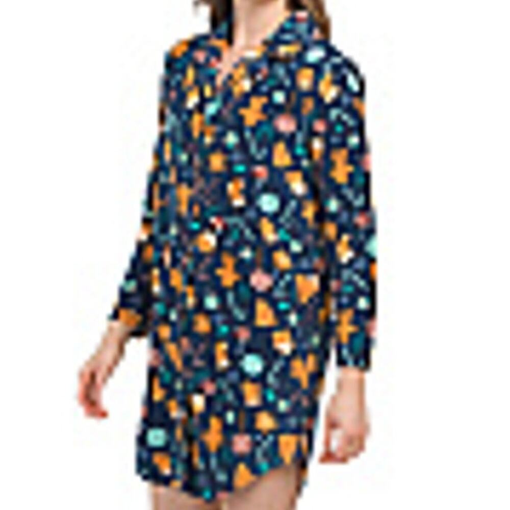 INK + IVY NWT Fleece Holiday Christmas Cookie Button Down Notch Sleep Shirt PJ L